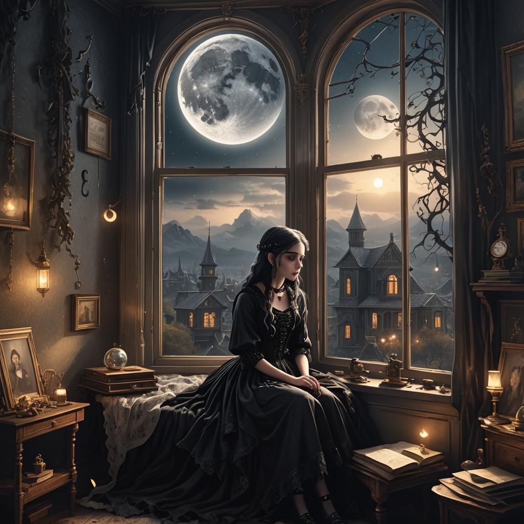 Melancholy Goth Girl in Moonlit Bedroom