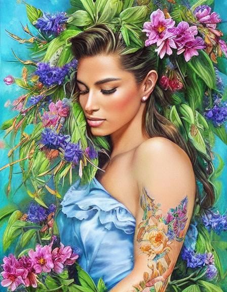Beautiful Woman Surrounded by Flowers in Hyperrealistic Styl...