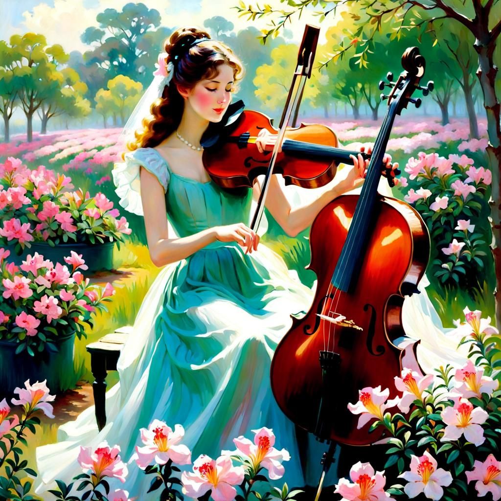Painting of a Girl Playing Violin in a Azalea Field