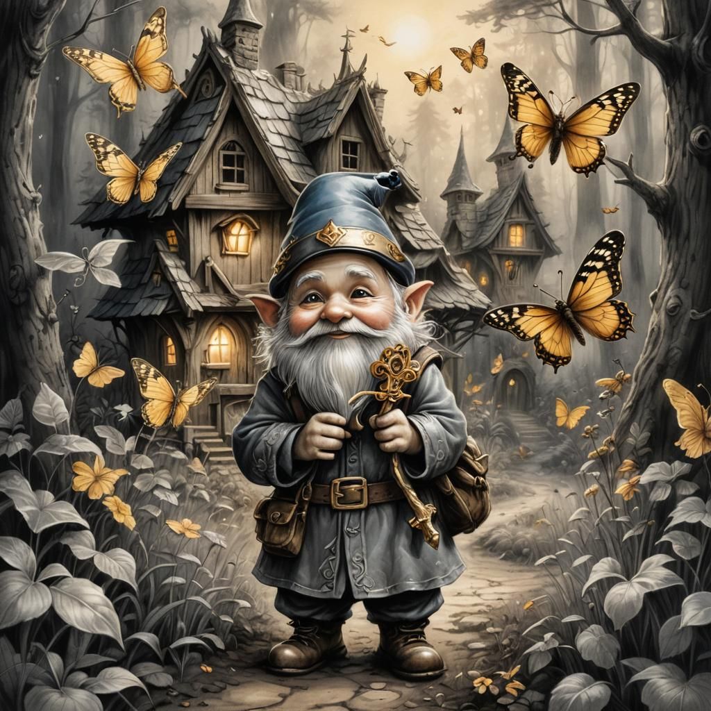 Gnome with Golden Key in Forest Clearing