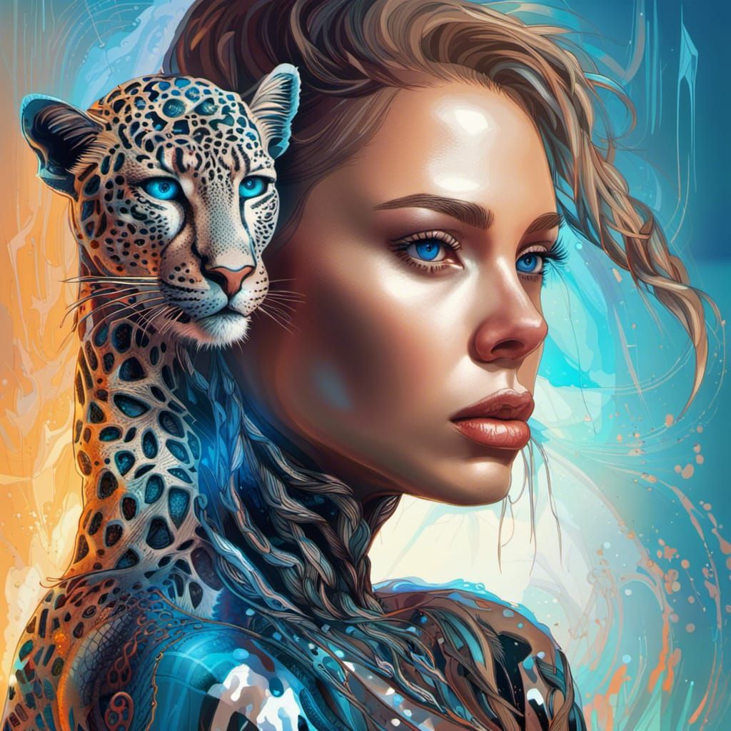 Futuristic Woman and Panther in Hyperrealistic Style