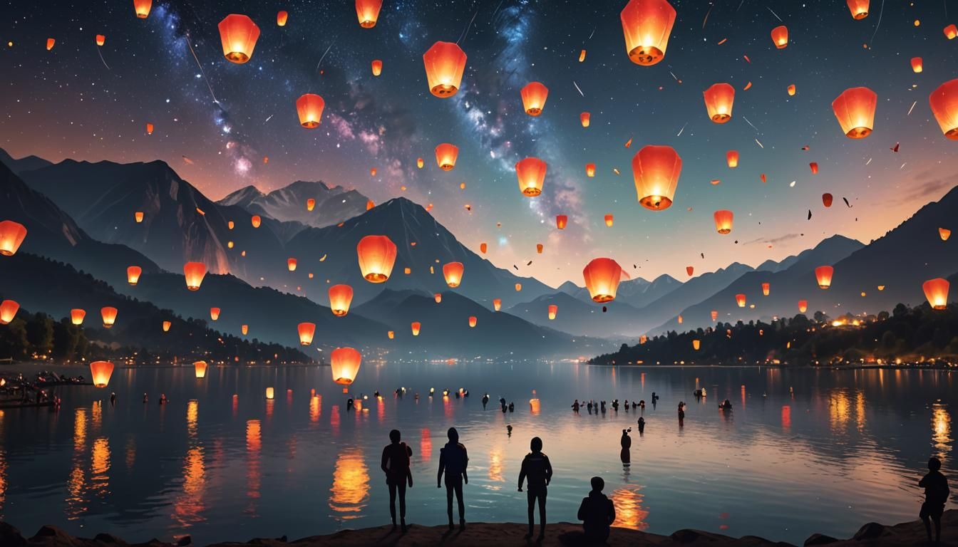 Sky Lanterns Rise Over Lake at Night