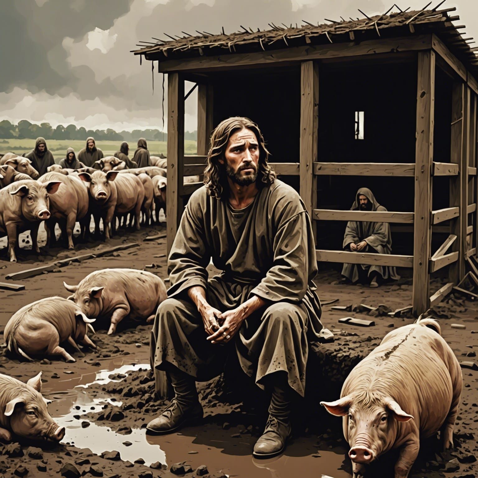 Distressed Figure in Pigpen Watched by Jesus