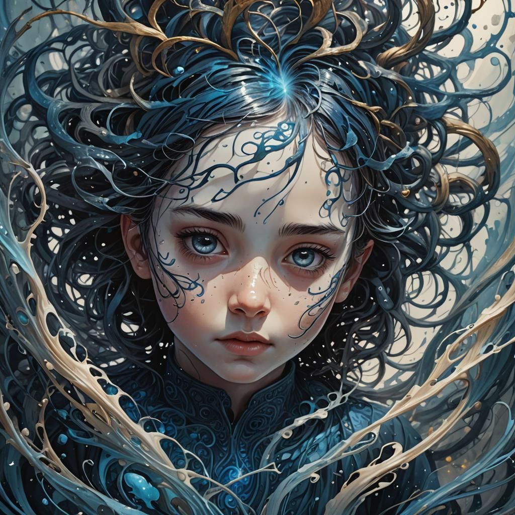 Ink Vortex Engulfs Girl: Detailed Matte Painting