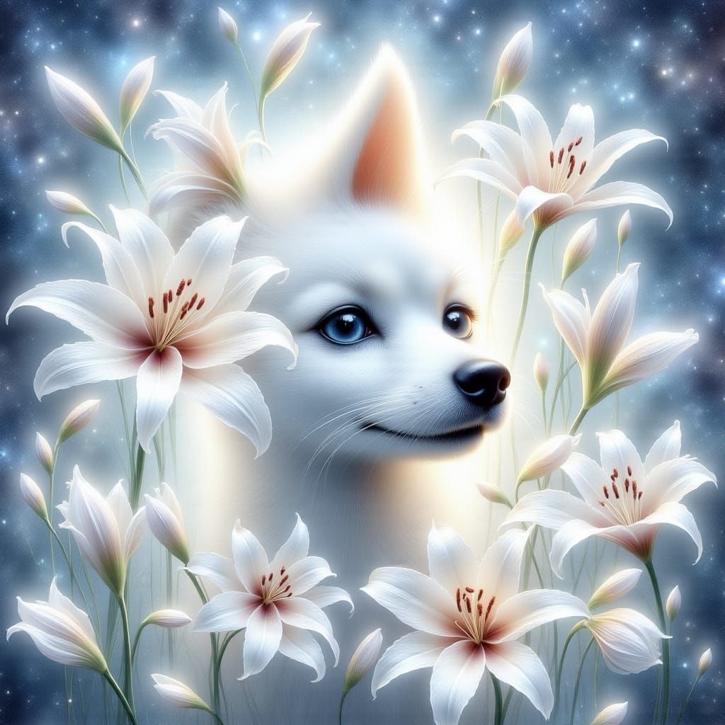 Whimsical Japanese Dog Amidst Delicate Lilies in Dreamy Past...