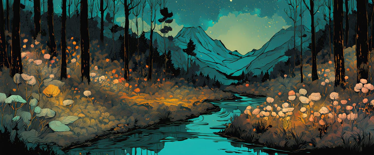 Moody Forest Nightscape with Flowers and Ink Details