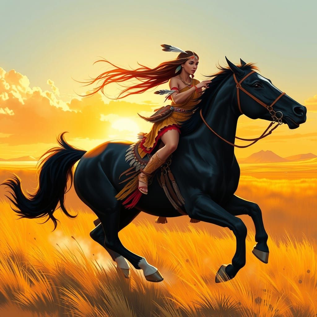 Native American Maiden Rides a Galloping Stallion Across Gol...
