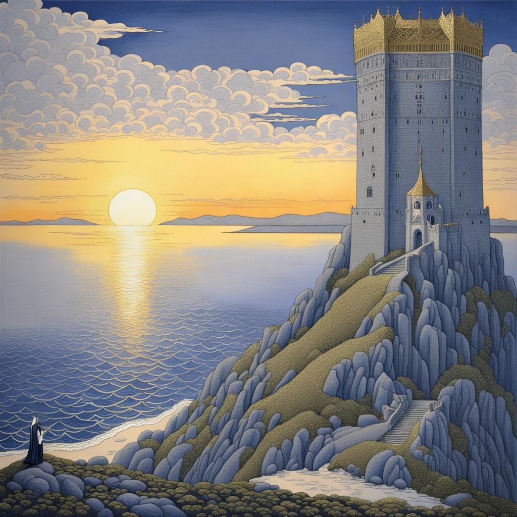 Tower Island at Twilight, Golden Age Illustration