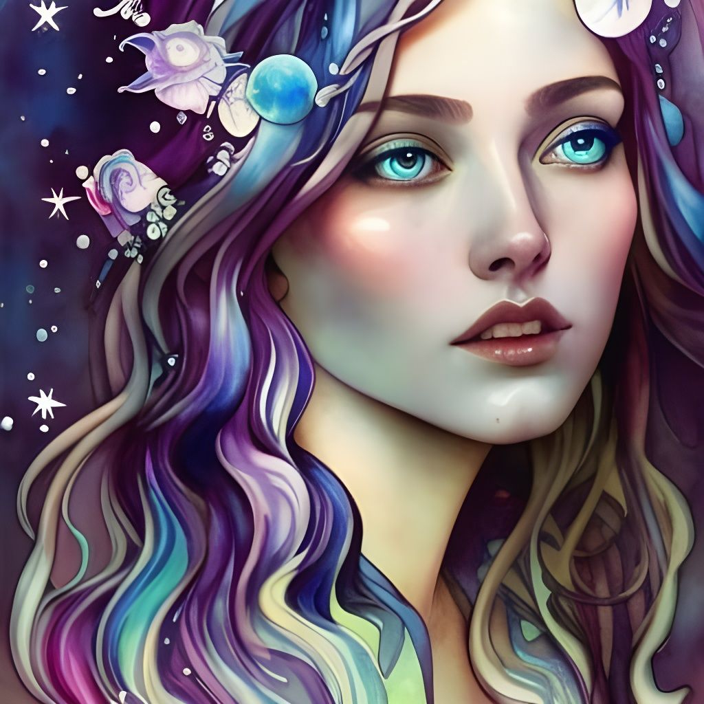 Night Goddess Portrait in Psychedelic Watercolour Style
