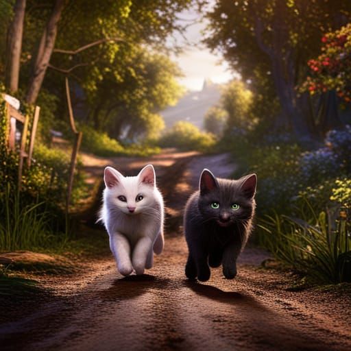 Felines' Night Race Toward a Cute Mouse