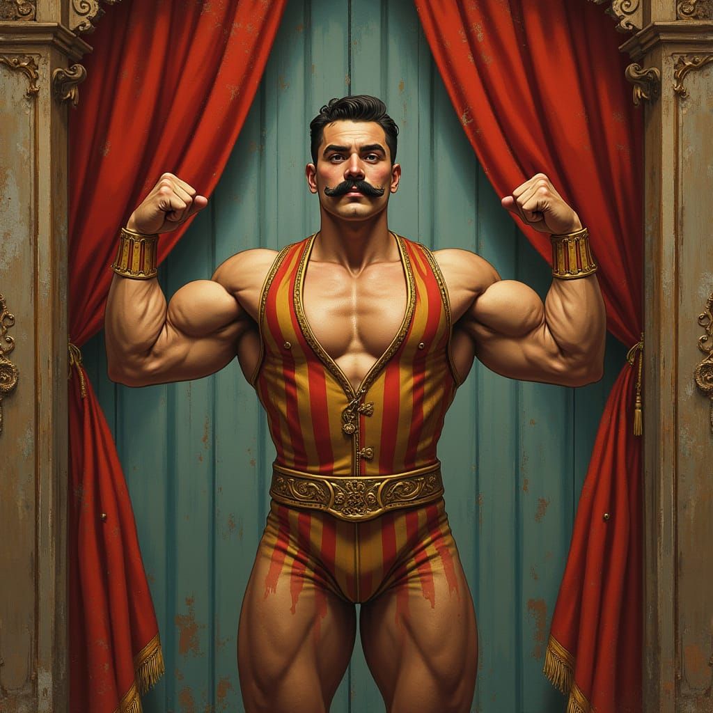 Victorian Strongman Flexes in Grandiose Circus Setting