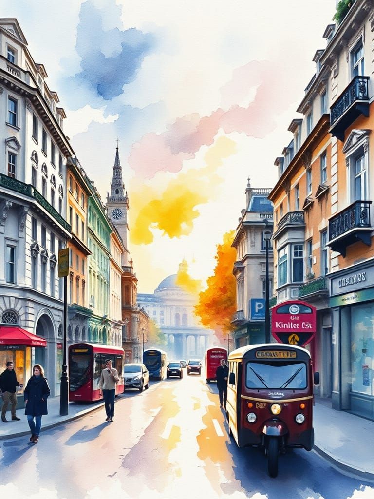 London City Sunrise in Impressionistic Watercolor