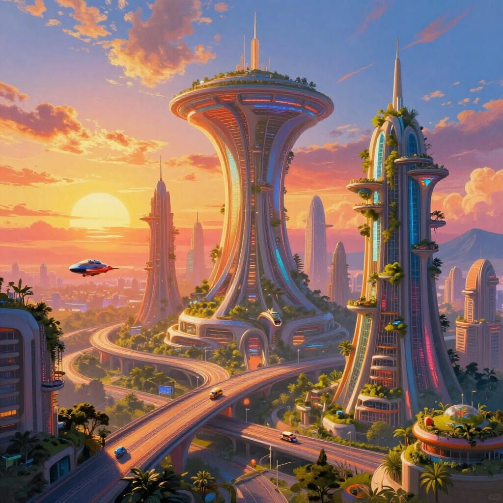 Utopian Futuristic Cityscape Painting with Organic Skyscrape...