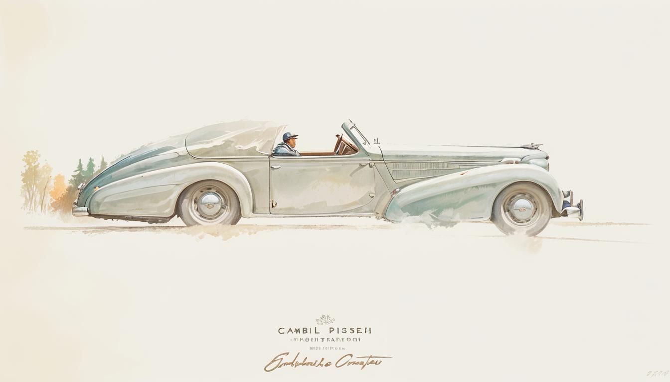 1940s Coupe Car Speeding Through Forest, Impressionist Oil