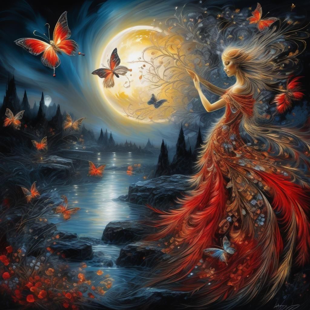 Moonlit Pearl Butterflies in a Fantasy Landscape