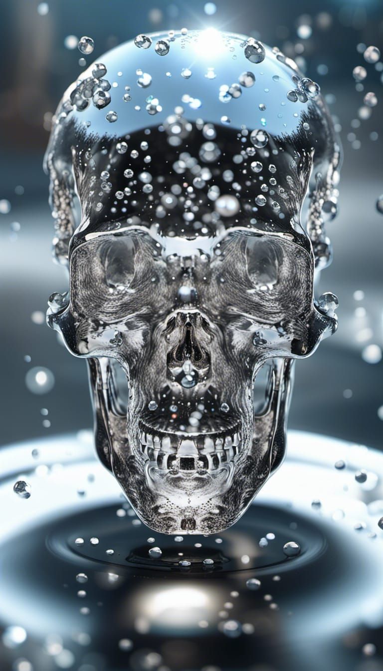 Translucent Mercury Skull with Crystal Spring, Photorealisti...