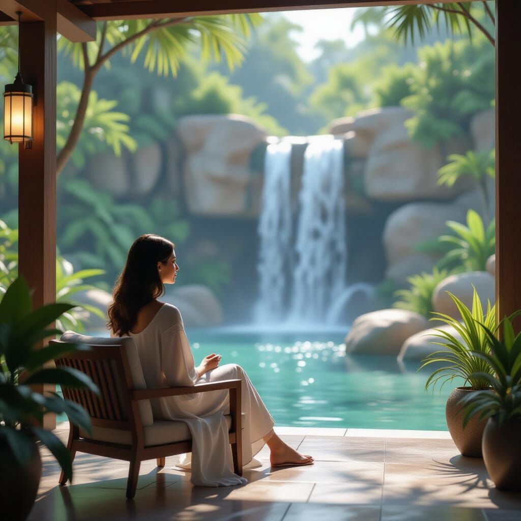 Woman on Rustic Resort Patio with Waterfall, 3D Render