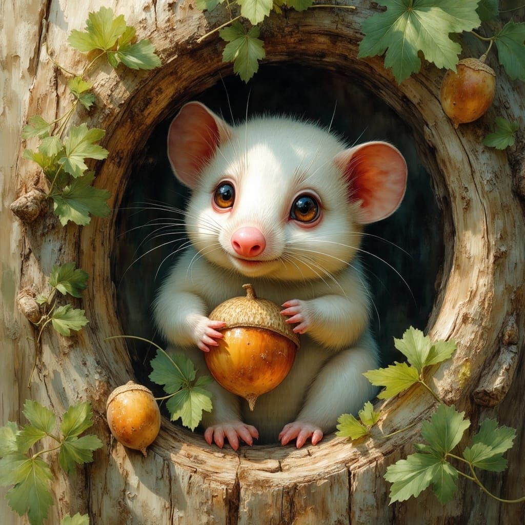 Whimsical Fluffy Creature in Oak Tree Hollow