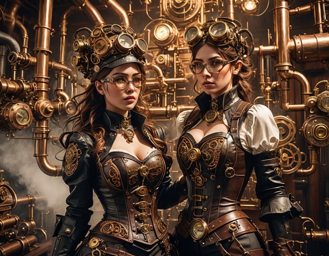 Steampunk Woman with Brass Engine, Miyazaki Style