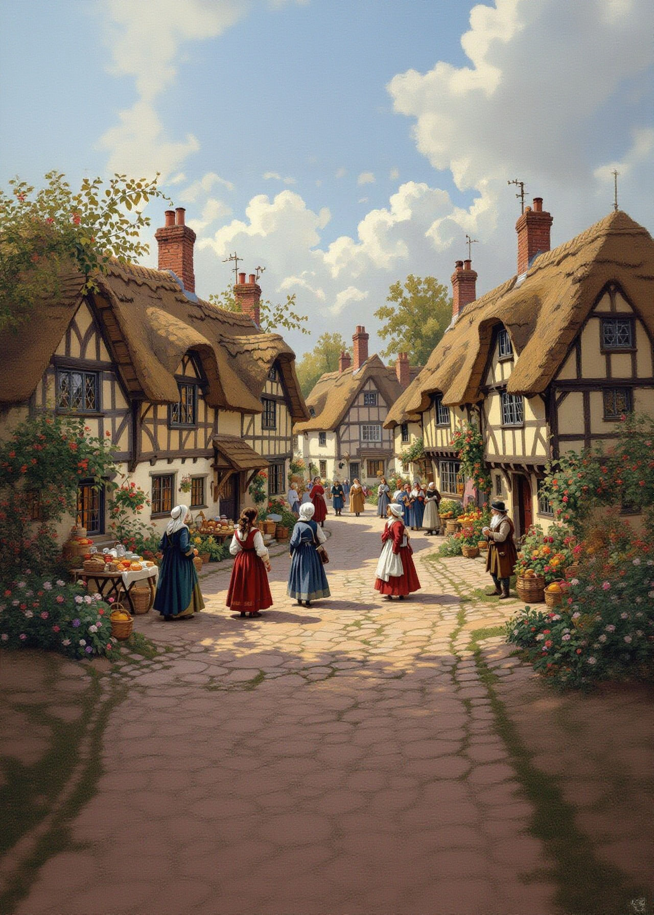 Charming Tudor Village Scene in Earthy Tones
