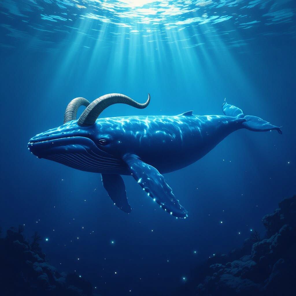 Surreal Blue Whale With Goat Head Navigates Ocean Depths