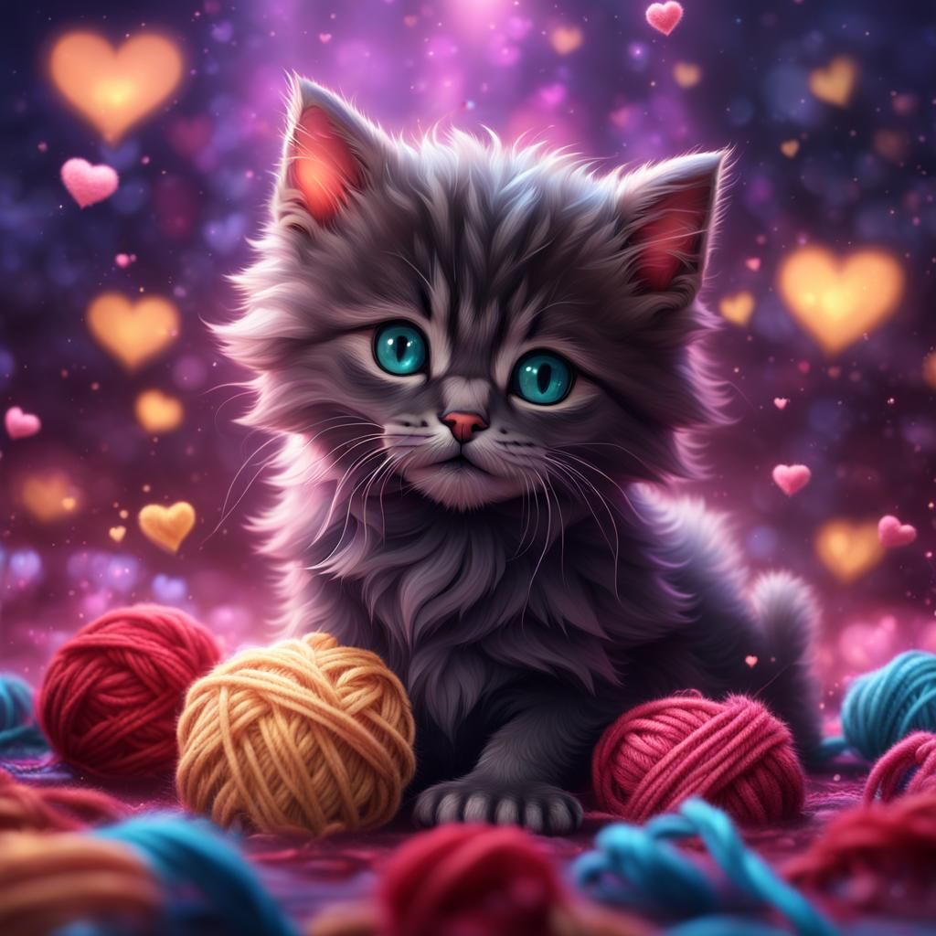 Fluffy Kitten Plays with Heart Yarn, Fantasy Art