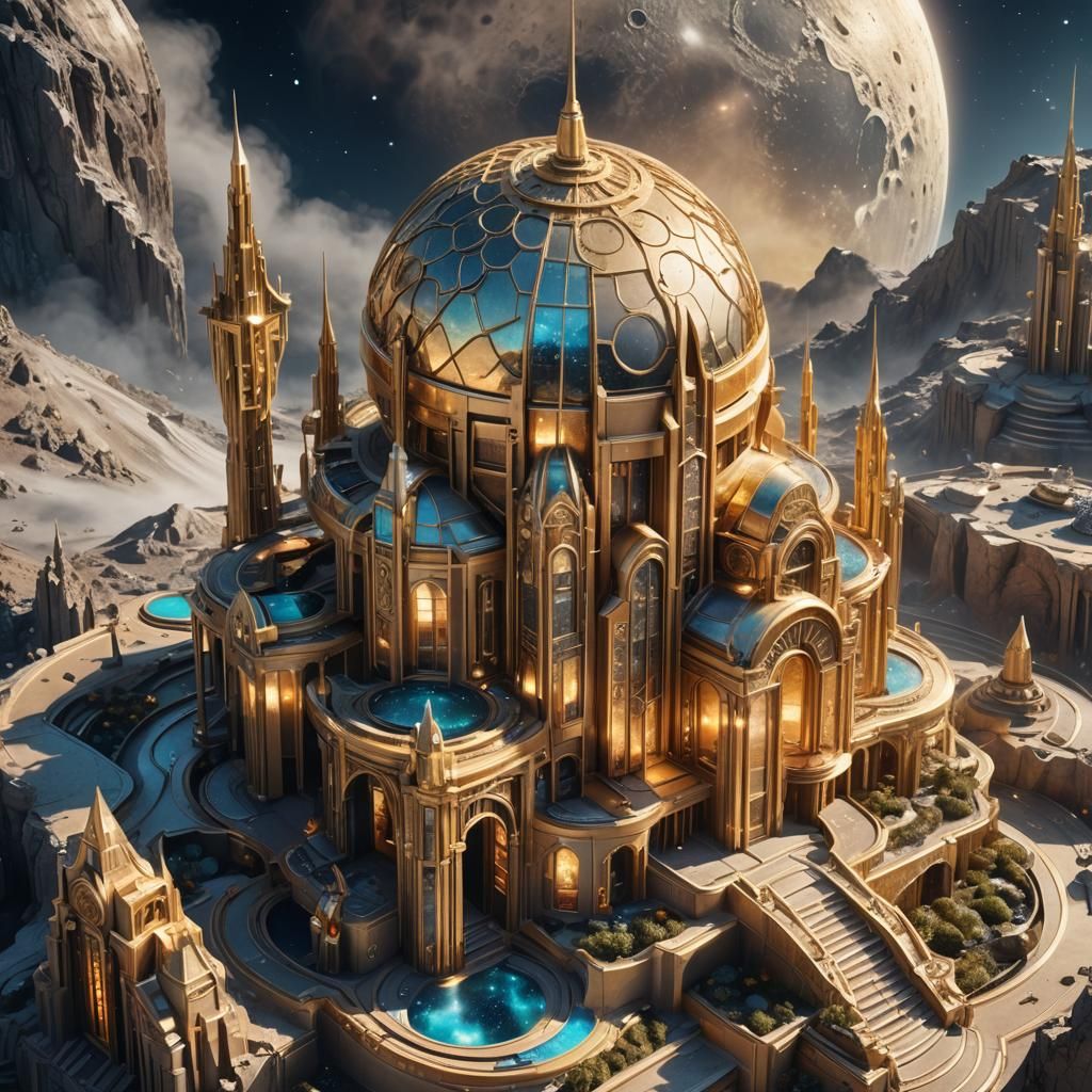 Art Deco Structure on Moon with Golden Accents