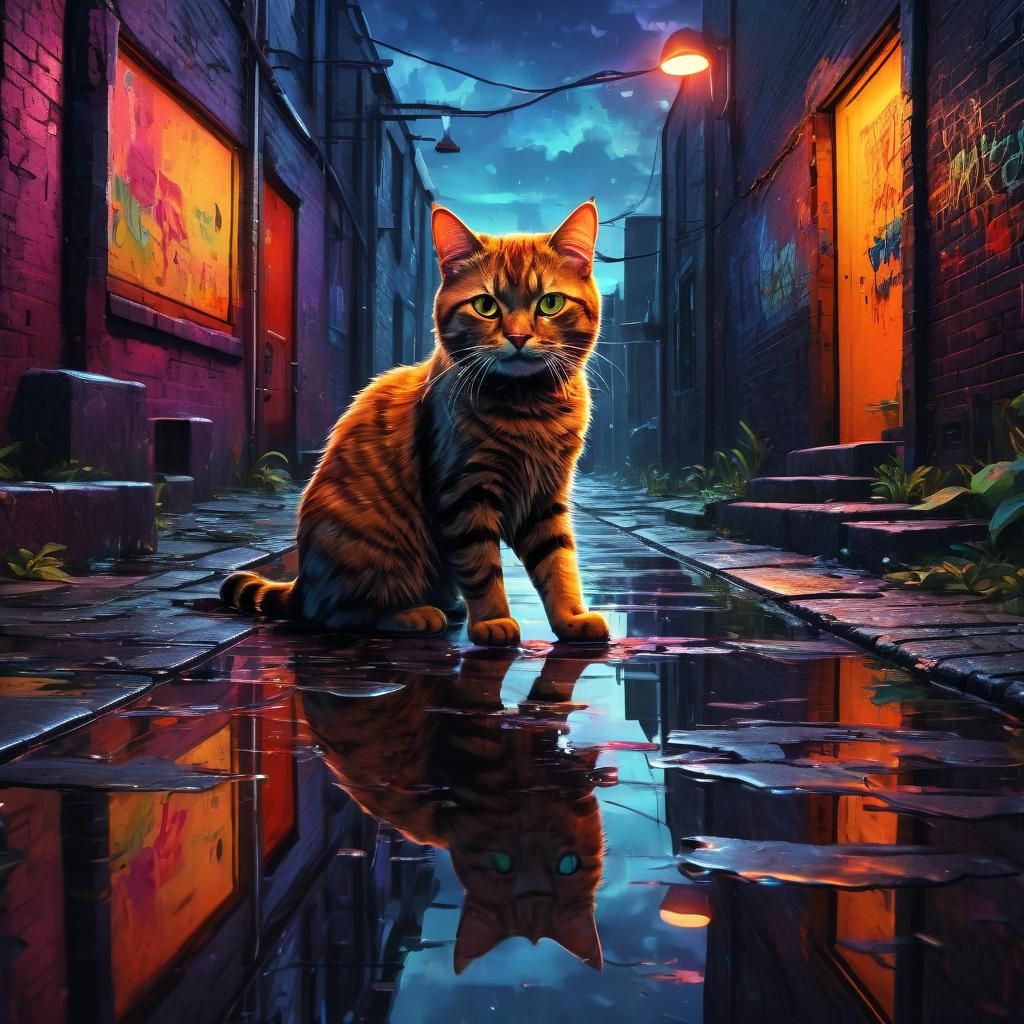 Cat with Fiddle in Neon Alleyway