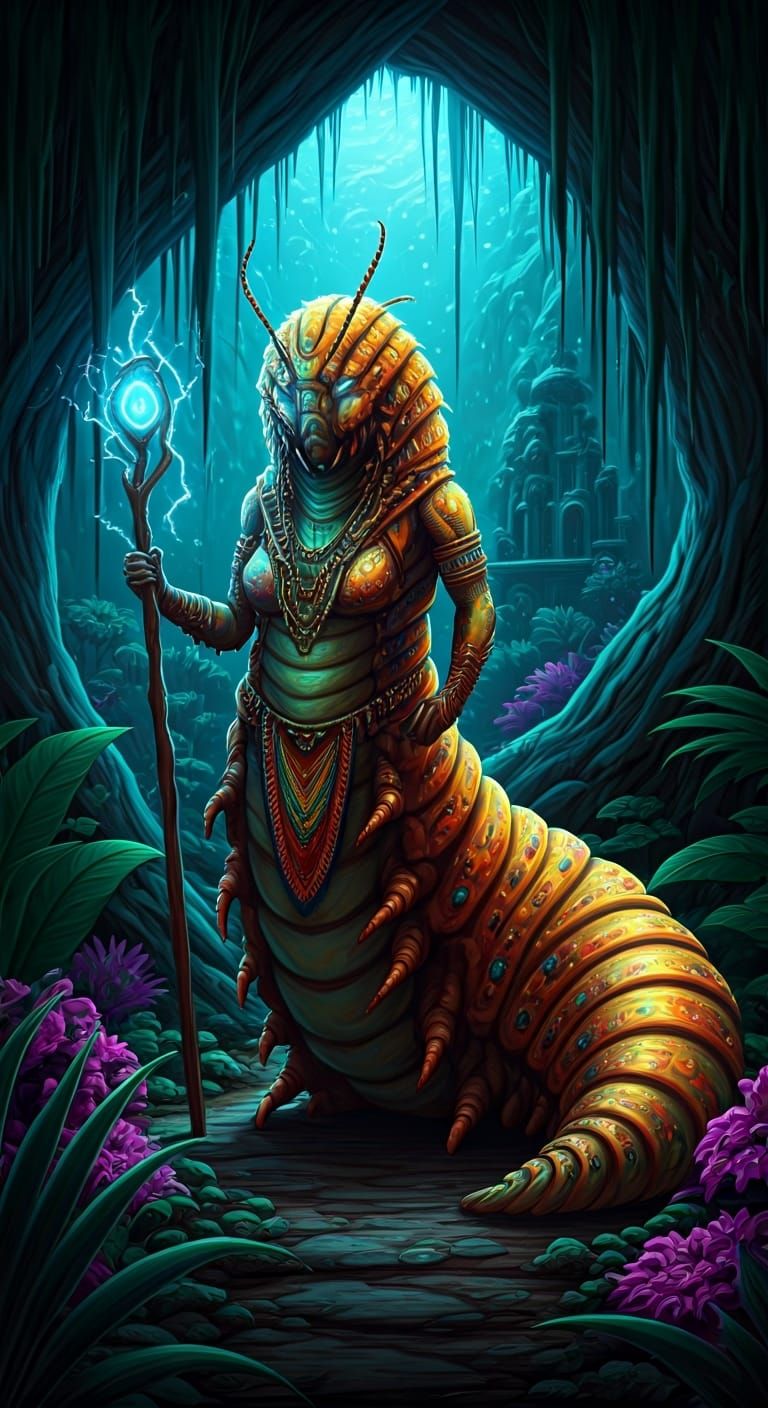 Bioluminescent Cavern Guardian: Tribal Caterpillar Woman