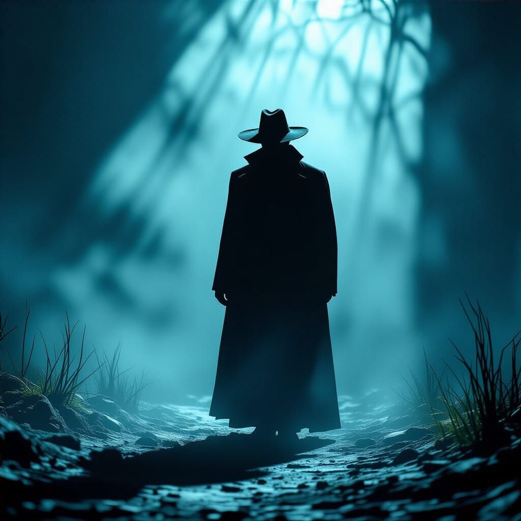 Mysterious Hat Man in Surreal Dark Fantasy Landscape