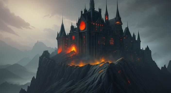 Flaming Dragon Perched on Haunted Castle, Dark Fantasy Art