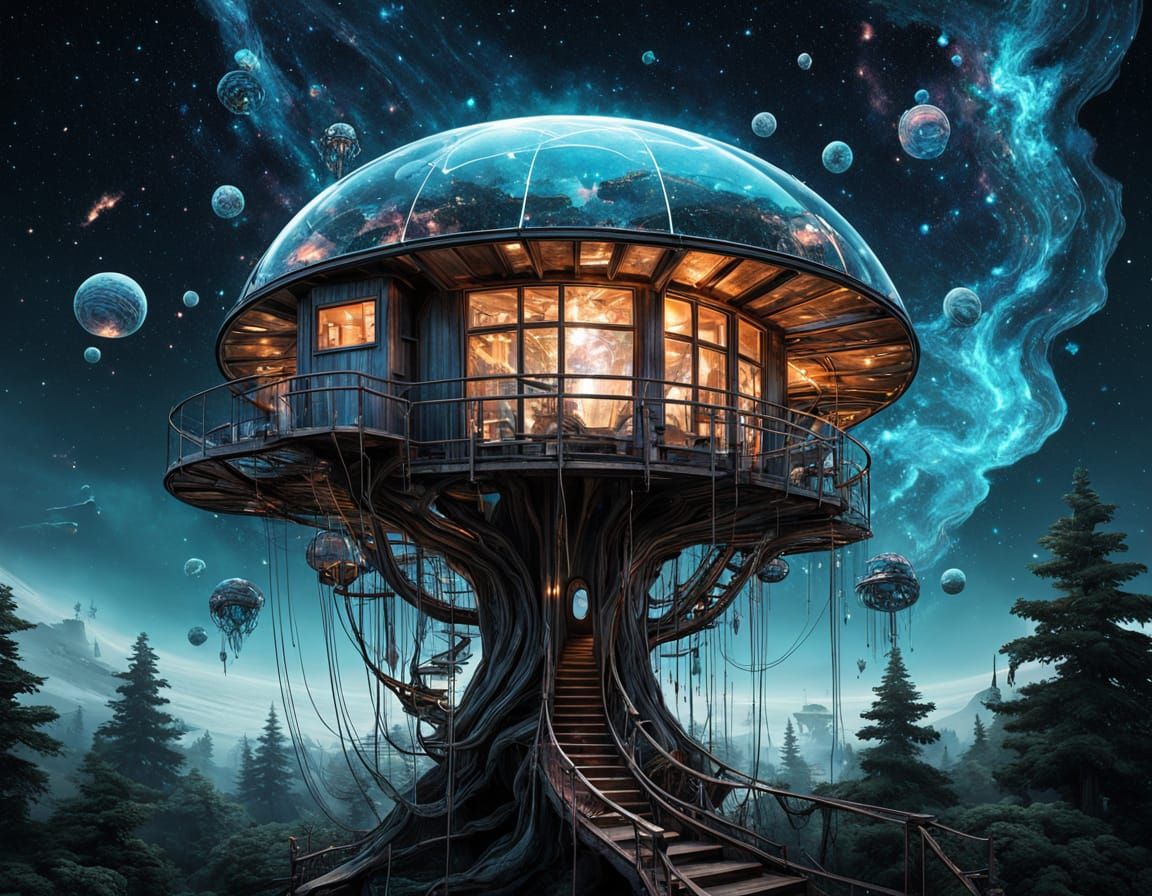 Surreal Treehouse Jellyfish soars among Nebulae in Cosmic Dr...