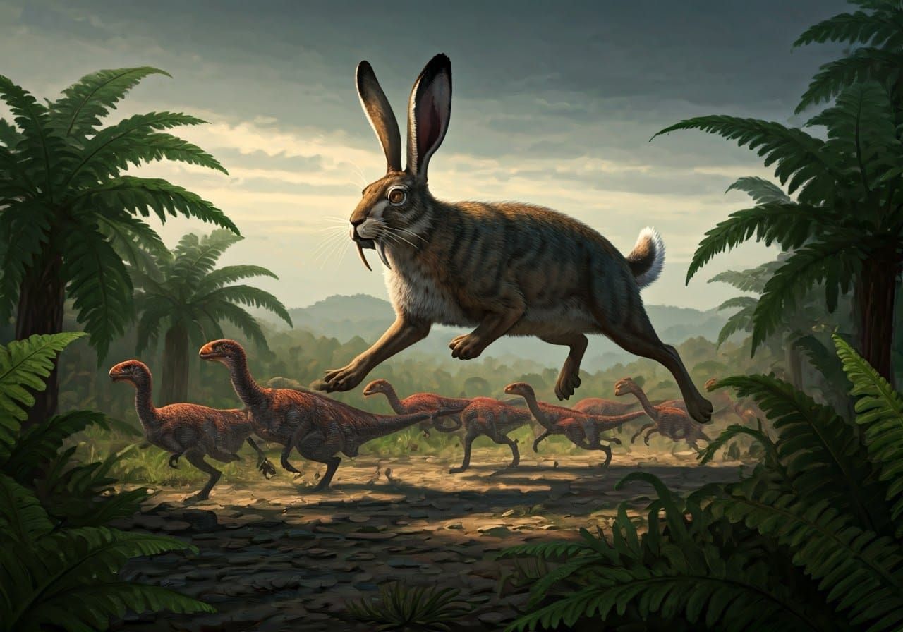 Giant Saber-Tooth Hare Hunting Tiny Dinosaurs