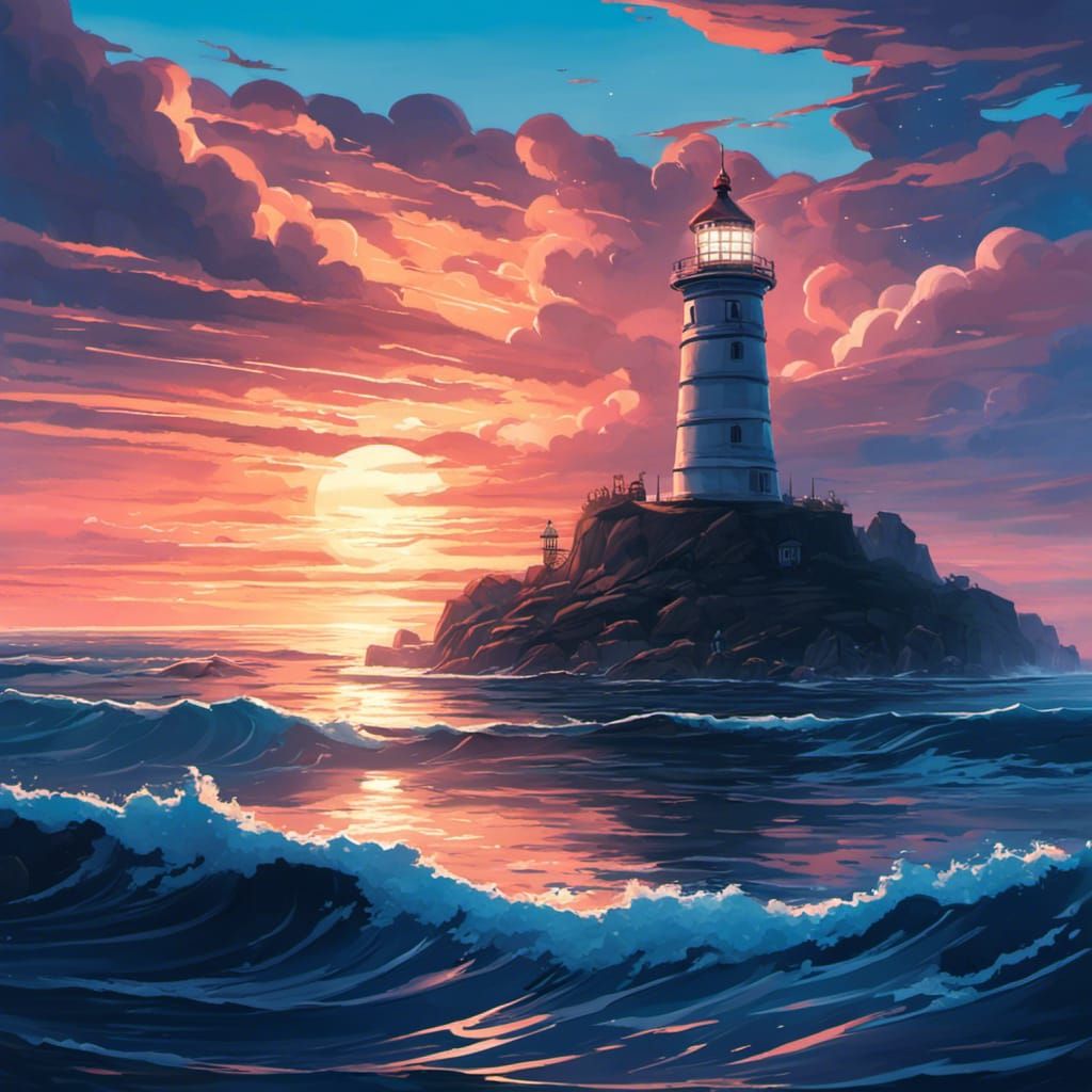 Ocean Lighthouse at Dusk: Anime-Inspired Illustration