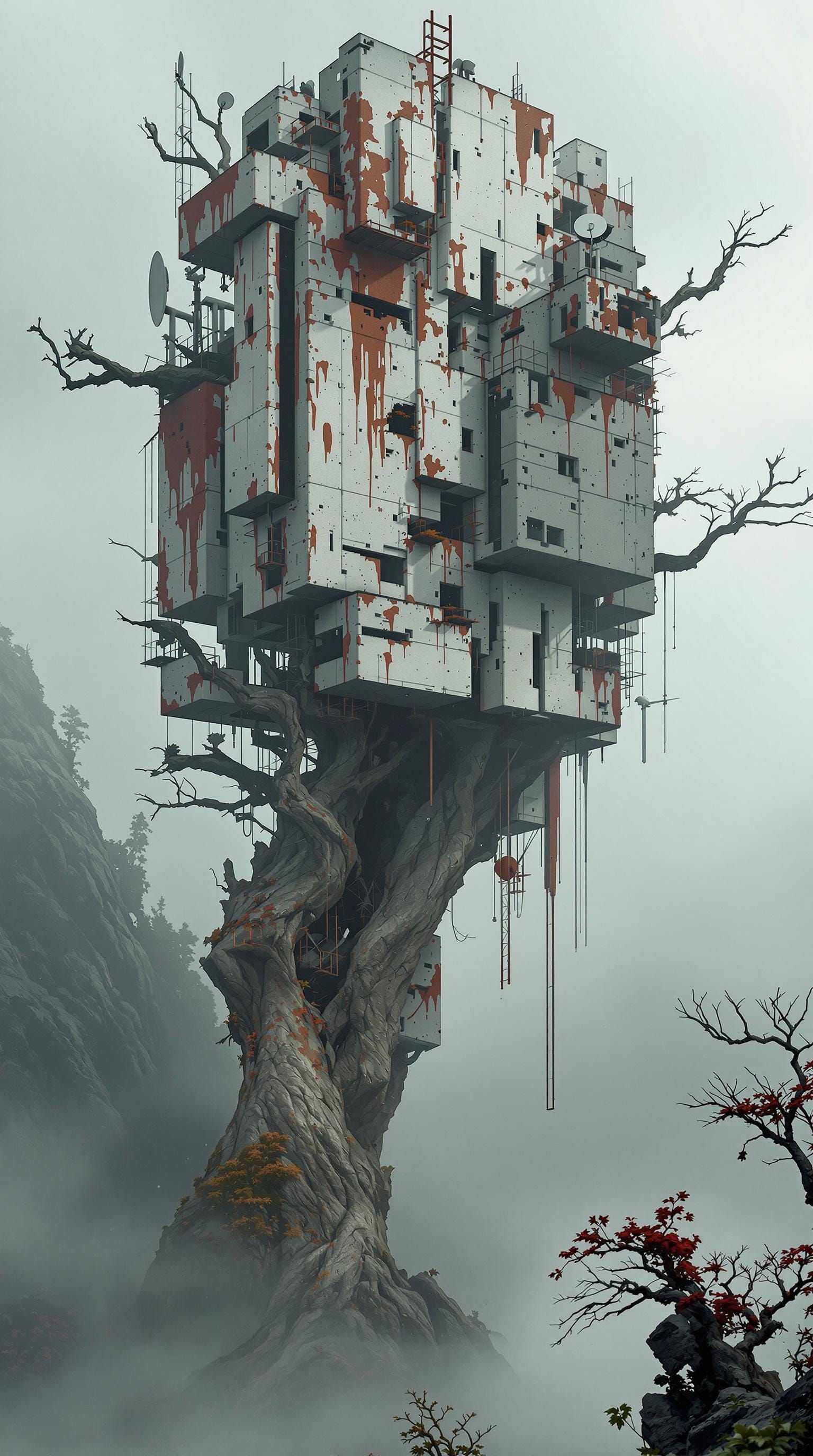 Cyberpunk Fortress in Petrified Sky-Tree