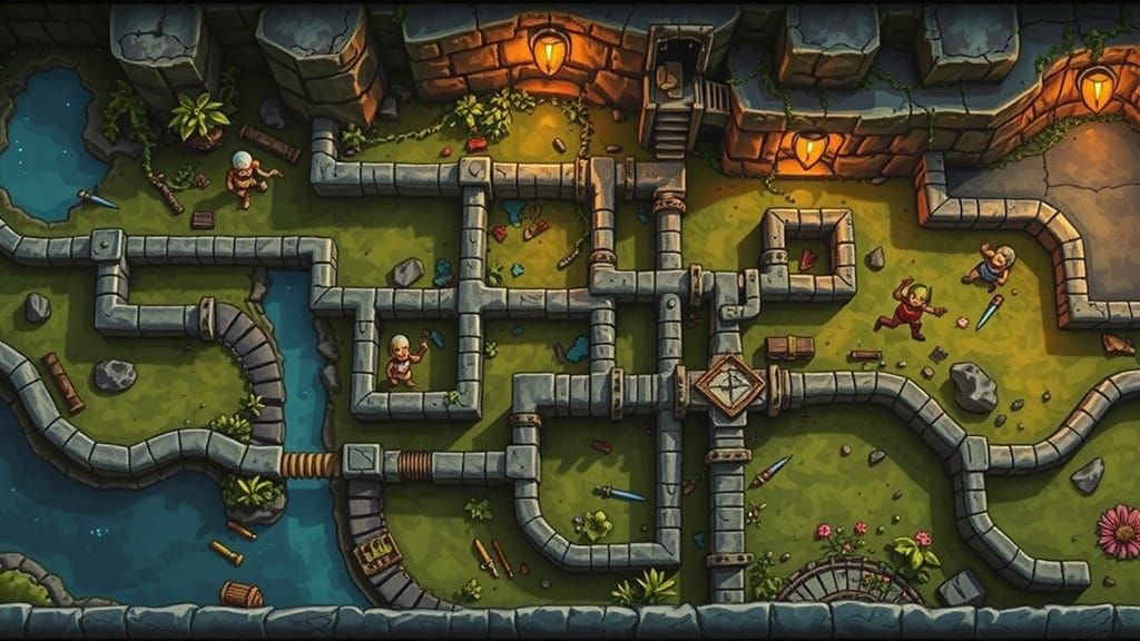 D&D Map: Elongated Dungeon With Tunnels and RPG Grid