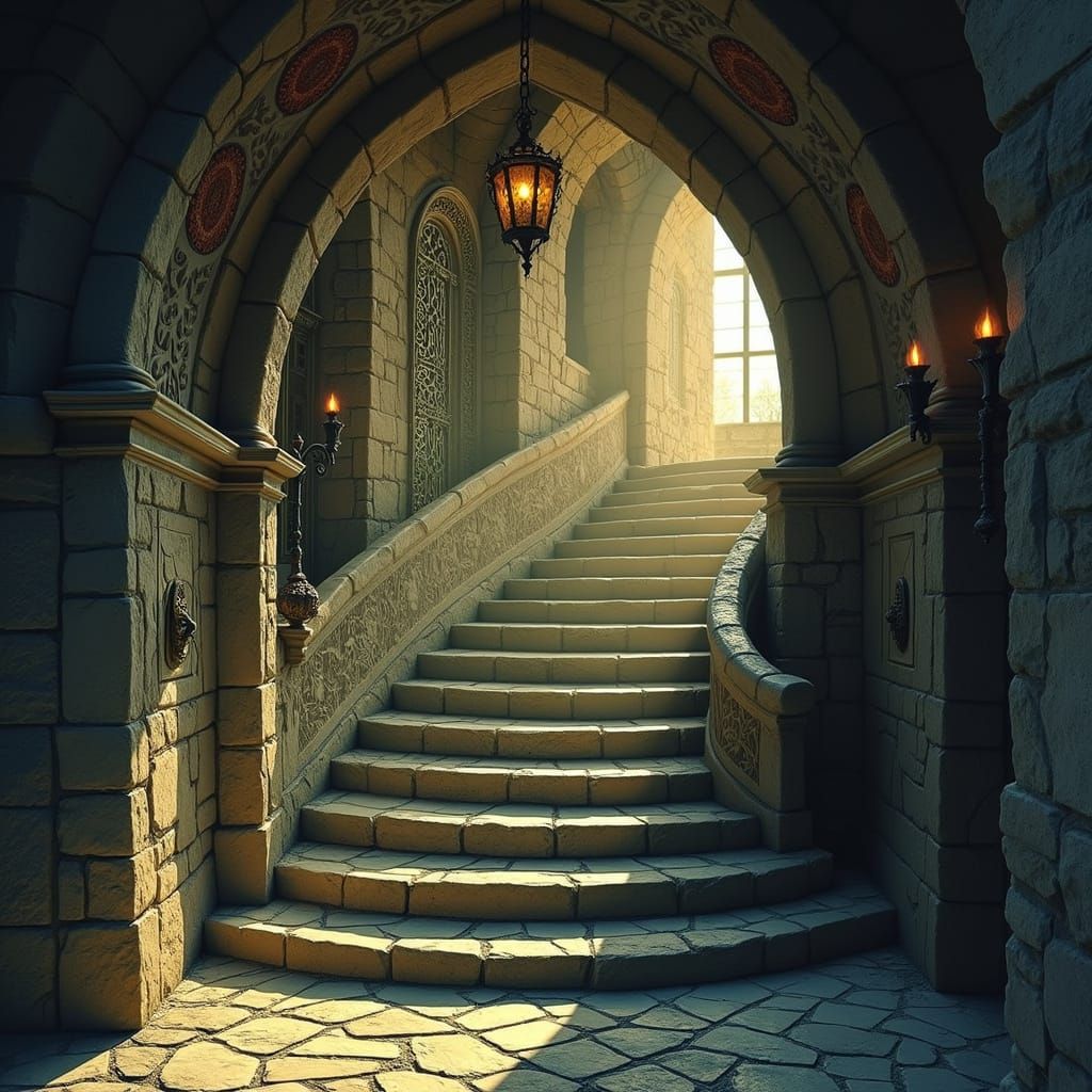 A Majestic Castle's Grand Stairwell in Meticulous HDR