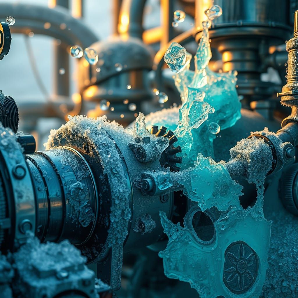 Frozen Machinery in Brilliant Turquoise Coolant, High-Tech M...