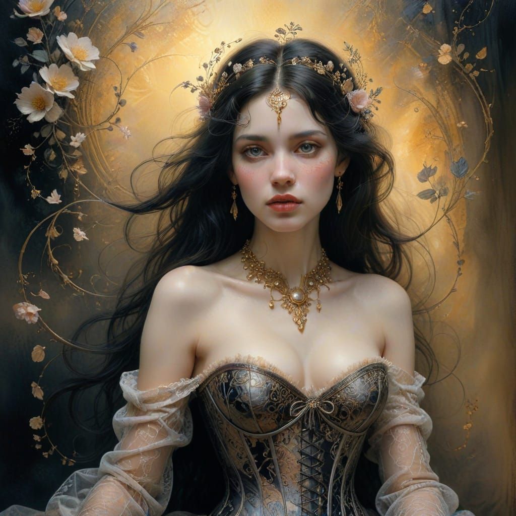 Ethereal Princess in Vintage Lace Corset, Swirling Dark Patt...