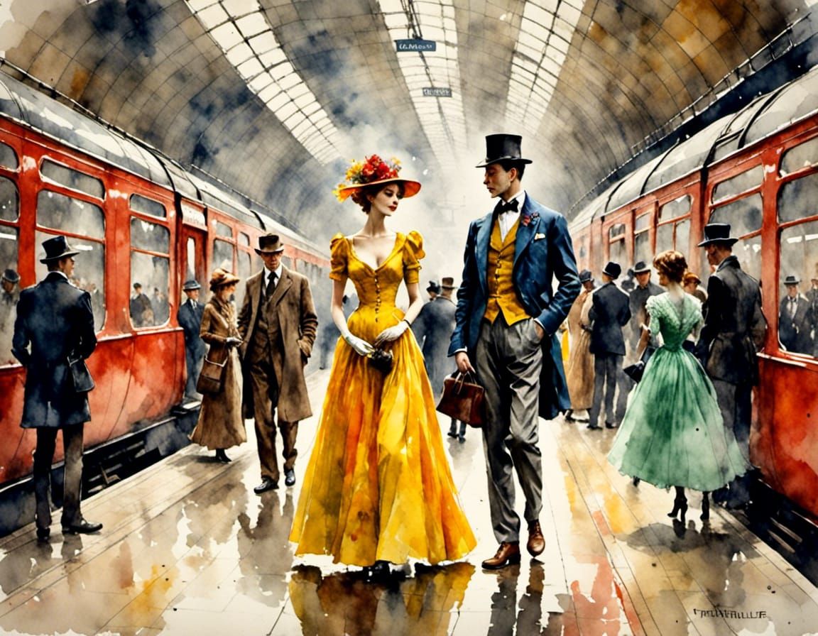 Elegant Couple on London Subway Platform, Antique Watercolor