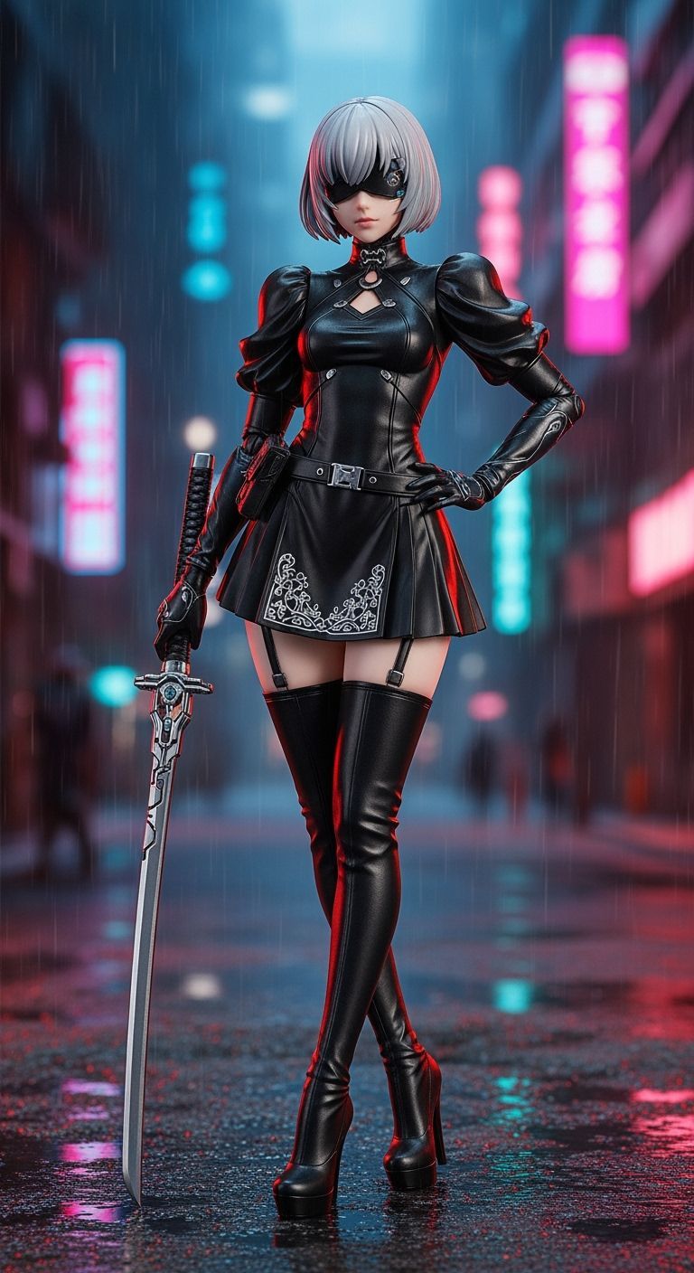 Futuristic Android Warrior in Cyberpunk Neon Rain