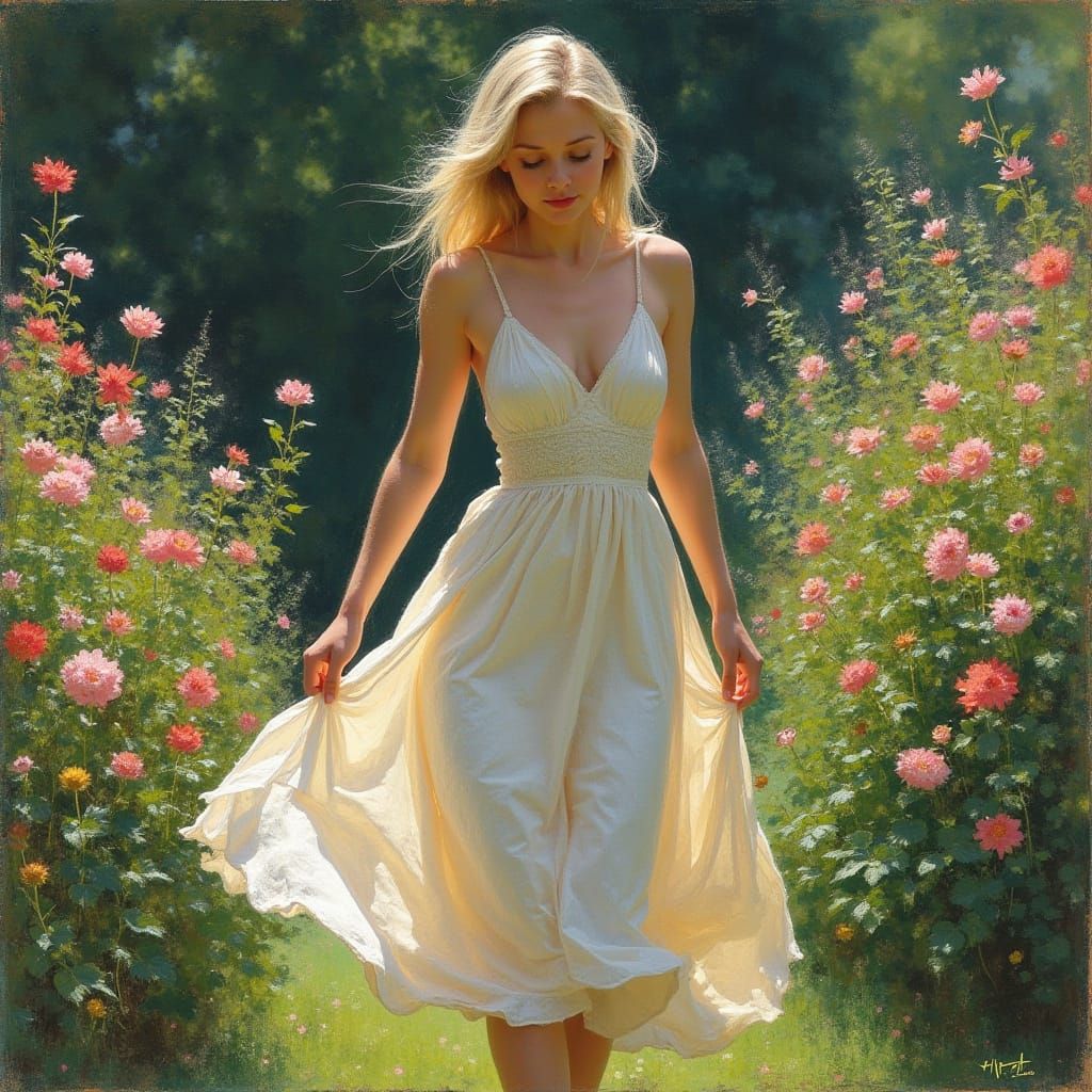 Woman in Serene Garden, Impressionistic Style