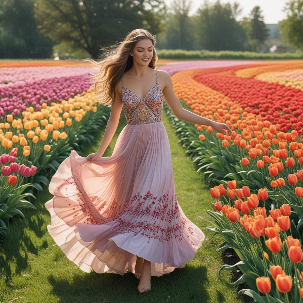 Woman in Vibrant Dress Runs Through Field of Tulips in Whims...