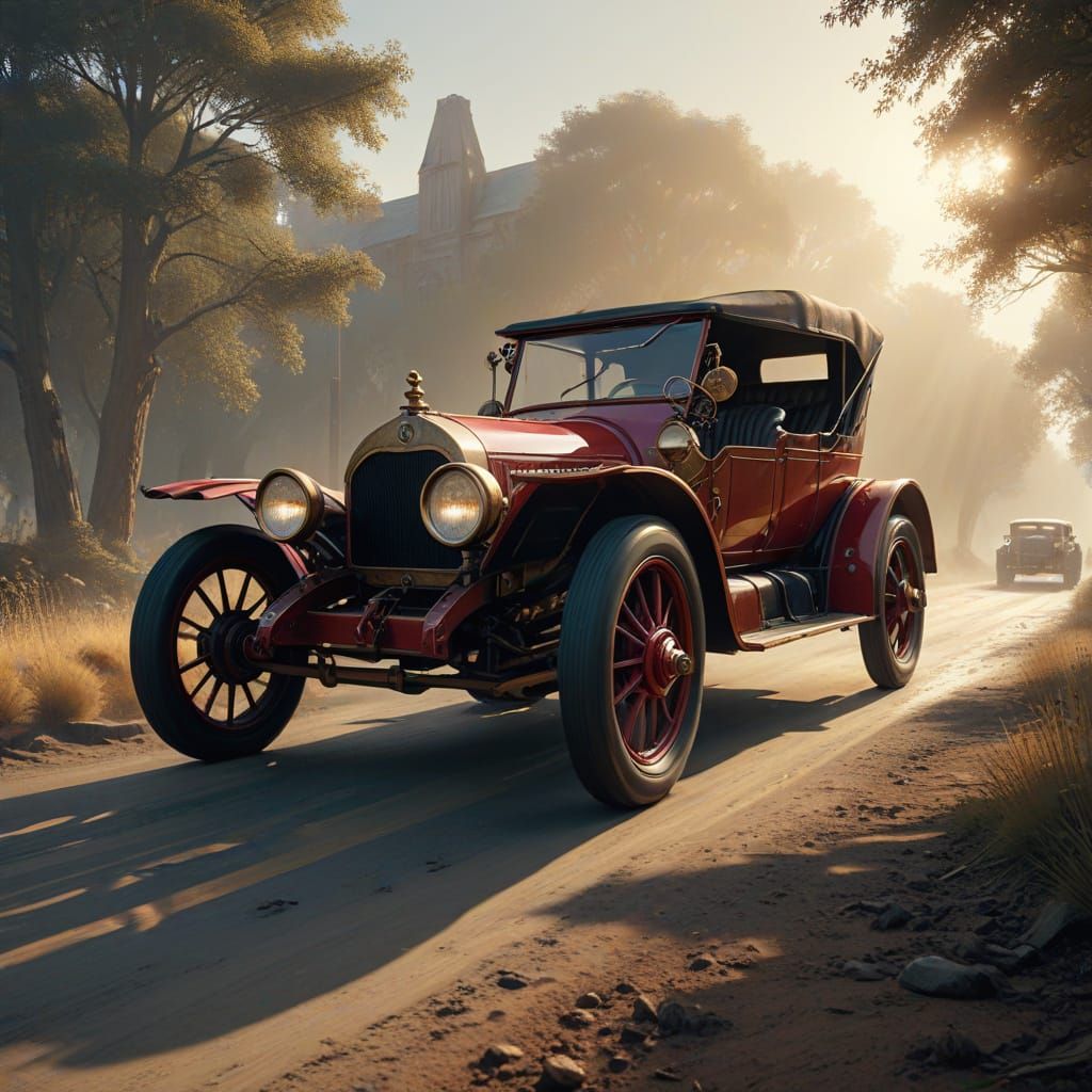 Victorian Automobile with Oversized Wheels in Steampunk Styl...