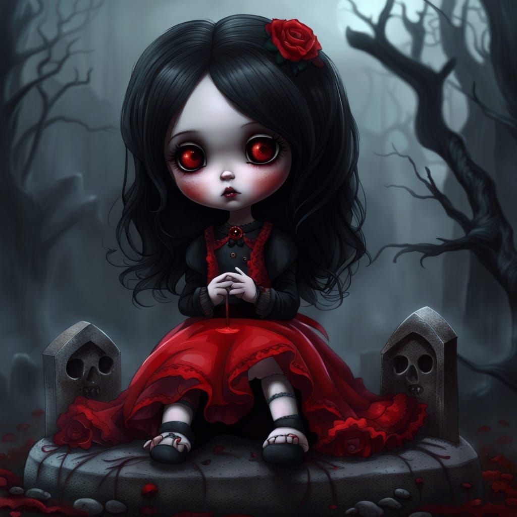 Eerie_spooky_black_hair_doll!!! Wearing_red_and_black_gothic_dress!! Insanely_detailed_portrait_painting_of_an_adorable_...