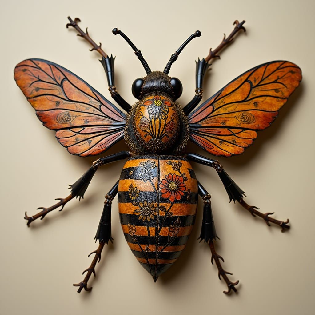Leather Bee Adorned with Floral Patterns in Folk Art Style