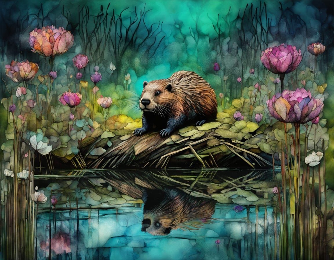 Vibrant Beaver Lodge in a Blooming Wetland Landscape