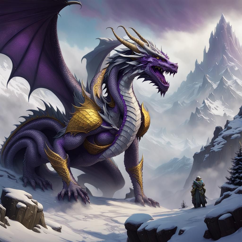 Silver Dragon in Snowy Blizzard, Dark Fantasy Art