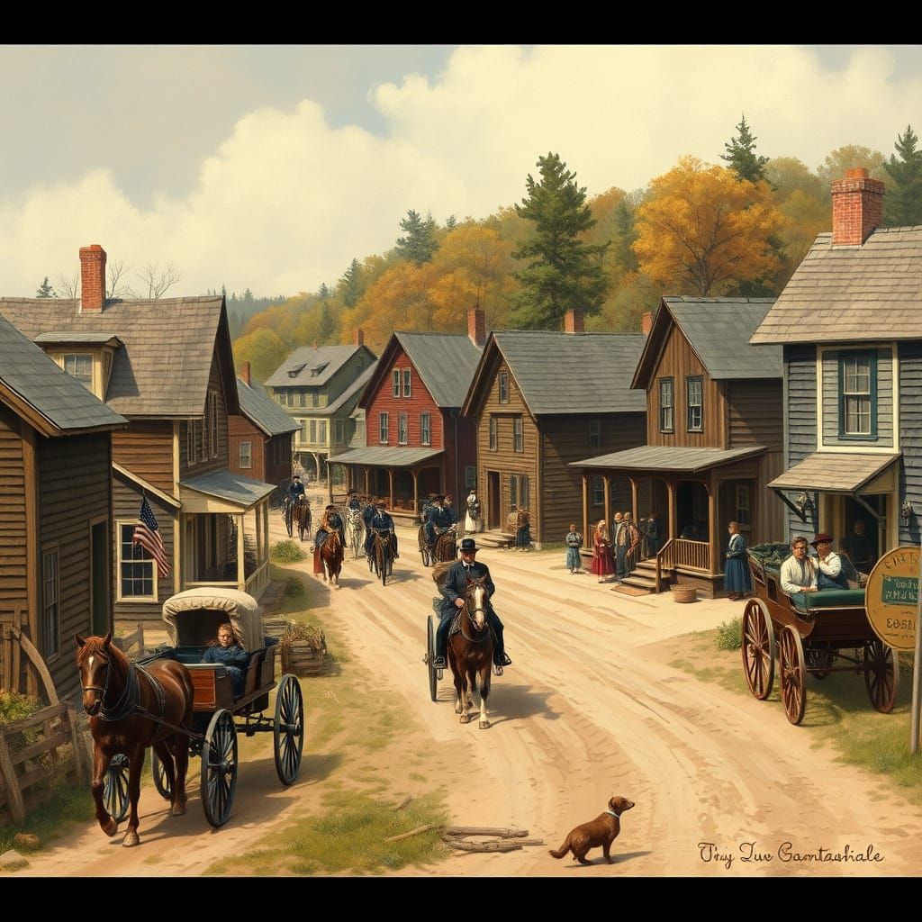 Maine Village, 1700s, in American Folk Art Style