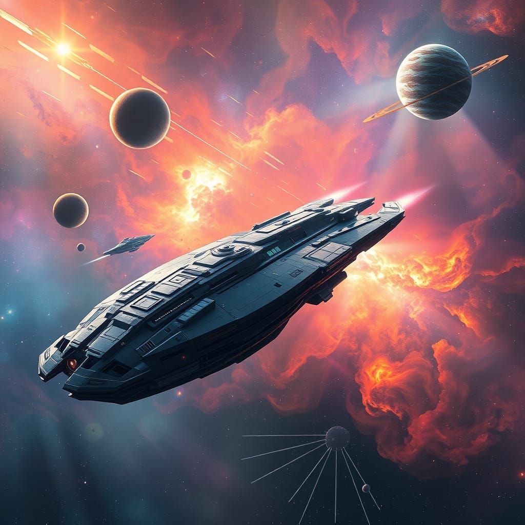 Cosmic Starship Odyssey in Syd Mead Style